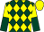 Dark green and yellow diamonds, yellow and dark green halved sleeves, yellow cap (No Dramas)