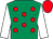 Emerald green, red spots, white sleeves, red cap (Mr P Foster & Partners)