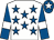 White, royal blue stars, royal blue sleeves, white armlet, royal blue cap, white star (I Love Me County Syndicate)