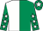 Emerald green & white halved, white stars on sleeves, white star on cap (Emlyn Patterson)