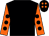 Black, orange sleeves, black spots, black cap, orange spots (Mr N Andersen)