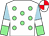 White, light green spots, light blue and light green halved sleeves, white armlets, white and red quartered cap (Mr & Mrs Simon Suen Siu Man)