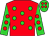 Red, lime green spots, lime green sleeves, red spots, lime green cap, red spots (Mlle Aline Luttun)