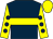 Dark blue, yellow hoop, yellow sleeves, dark blue spots, yellow cap (Mrs Janet Ackner)