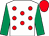 White, red spots, emerald green sleeves, red cap (Mr D Keys)