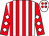 White and red stripes, red sleeves, white diamonds, white cap, red spots (Mr D Forrester)