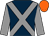 Dark blue, grey cross belts and sleeves, orange cap (Elegant Clutter And Mr S D Faiers)