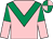 Pink, emerald green chevron, halved sleeves, quartered cap (Mrs Fitri Hay)