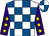 White & royal blue check, purple sleeves, yellow stars, white & royal blue quartered cap (Mrs Paula Cotter)