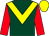 Dark green, yellow chevron, red sleeves, yellow cap (The Dawn Risers)