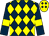 Dark blue and yellow diamonds, dark blue sleeves, yellow armlets, yellow cap, dark blue diamonds (Mrs J M Muir)