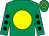 Emerald green, yellow disc, brown spots on sleeves, yellow hoop on emerald green cap (Mrs Jane Gerard-pearse)