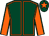 Dark green, orange seams, orange sleeves, dark green seams, dark green cap, orange star (At Her Ease Partnership)