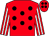 Red, black spots, red & white striped sleeves, red cap, black spots (Mrs M Laird)
