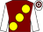Maroon, large yellow spots, white sleeves, white and maroon hooped cap (Miss Christine Calton)