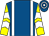 Royal blue, white braces, yellow and white chevrons on sleeves, royal blue and white hooped cap (Famous Five Racing)