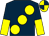 Dark blue, large yellow spots, halved sleeves, yellow and dark blue quartered cap (Mr Aziz Kheir)