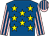 Royal blue, yellow stars, pink and royal blue striped sleeves and cap (We're Electric)
