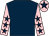 Dark blue, pink sleeves, dark blue stars, pink cap, dark blue star (Mrs Denise Butler)