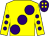 Yellow, large purple spots and spots on sleeves, purple cap, yellow spots (Mrs B Sumner & Mr B R Millman)