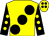 Yellow, large black spots, black sleeves, yellow spots, yellow cap, black spots (Mr James Marshall & Mr Chris Marshall)