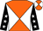 Orange and white diagonal quarters, white stars on black sleeves (Kathy Thompson)