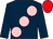 Dark blue, large pink spots, pink cap (Mrs S Smith)