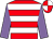 Red, white hoops, mauve sleeves, red and white quartered cap (Jt & Km Thomas)