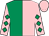 Emerald green and pink (halved), pink sleeves, emerald green diamonds, pink cap (Mr Alan King)