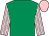 Emerald green, pink and white striped sleeves, pink cap (Miss Sarah Hollinshead)