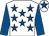 White, royal blue stars, royal blue sleeves, royal blue star on cap (Moyclear Syndicate)