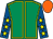 Emerald green, yellow seams, royal blue sleeves, yellow stars, orange cap (Honestly Racing)