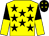 Yellow, black stars, black and yellow halved sleeves, black cap, yellow stars (Mr A Maddox)