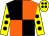 Black and orange (quartered), yellow sleeves, black spots, yellow cap, black spots (Mr J Barson)