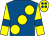 Royal blue, large yellow spots, yellow sleeves, royal blue armlets and spots on yellow cap (Mrs Emma Raffan & Mr Michael Raffan)