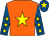 Orange, yellow star, royal blue sleeves, yellow stars, royal blue cap, yellow star (Acorn, Brown, Parker & Scott)