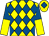 Yellow and royal blue diamonds, royal blue and yellow halved sleeves, yellow cap, royal blue diamond (Mr Roland Sarin)