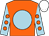Orange, light blue disc, light blue sleeves, orange spots, white cap (Ms M Austerfield)