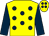 Yellow, dark blue spots, sleeves and spots on cap (Mr J F Symes)