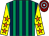 Emerald green and dark blue stripes, yellow sleeves, orange stars, maroon and light blue hooped cap (Happy Days Racing)