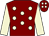 Maroon, beige spots, beige sleeves, maroon spots and maroon spots on cap (Mr Martin A Collins)
