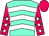 Aquamarine, white chevrons, cerise sleeves, white stars, cerise cap (Mr D I & Mrs J G Caunter, Mr K P & Mrs N M Backos)