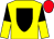 Yellow, black shield, yellow and black halved sleeves, red cap (Robert J W Moran)