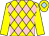 Yellow & pink diamonds, yellow sleeves, yellow cap, light blue diamond (Mrs Geraldine Treacy)