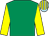 Emerald green, yellow sleeves, light blue & yellow striped cap (Patrick M Hogan)