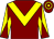 Maroon, yellow chevron, diabolo on sleeves, hooped cap (Sharon Dean)