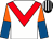 White, red chevron, orange and royal blue halved sleeves, black and white striped cap (Mr Eddie Evans)