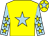 Yellow, light blue star, light blue sleeves, yellow stars, yellow cap, light blue star (Ms J Cullen)