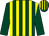 Dark green & yellow stripes, dark green sleeves, striped cap (Mrs F Garavaglia-Drion)