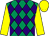 Emerald green and purple diamonds, yellow sleeves and cap (Mr Laurence Carlisle)